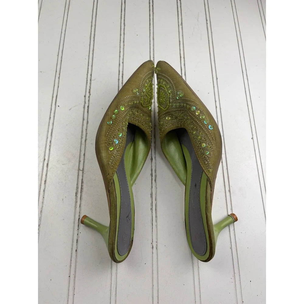 Anne Michelle Vintage Y2K Green Beaded Floral Satin Kitten Heels Women's Size 6